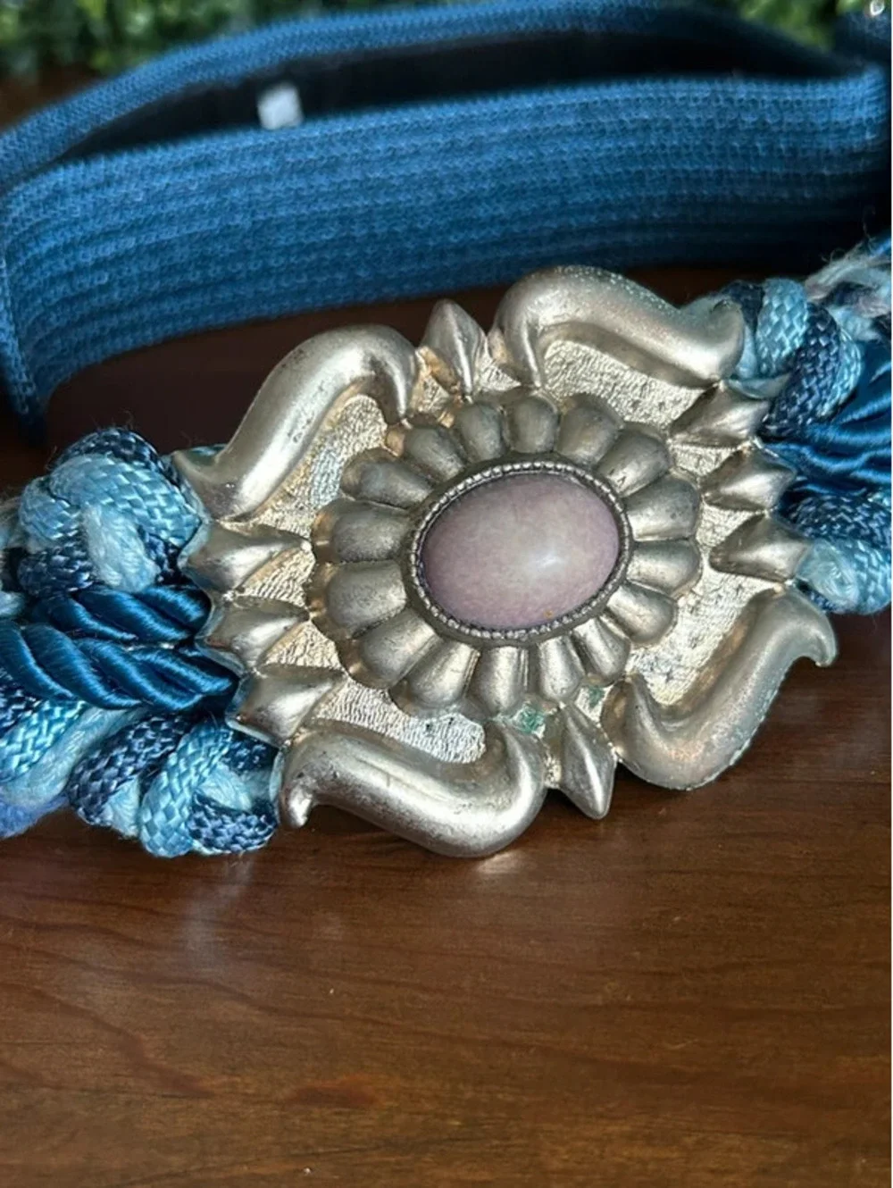 Vintage Blue Braided Belt Silver Floral Buckle Boho 80s Belt